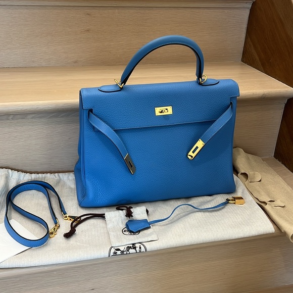 Hermès Kelly 35 Retourne Blue Paradis Clemence GHW - Picture 11 of 14